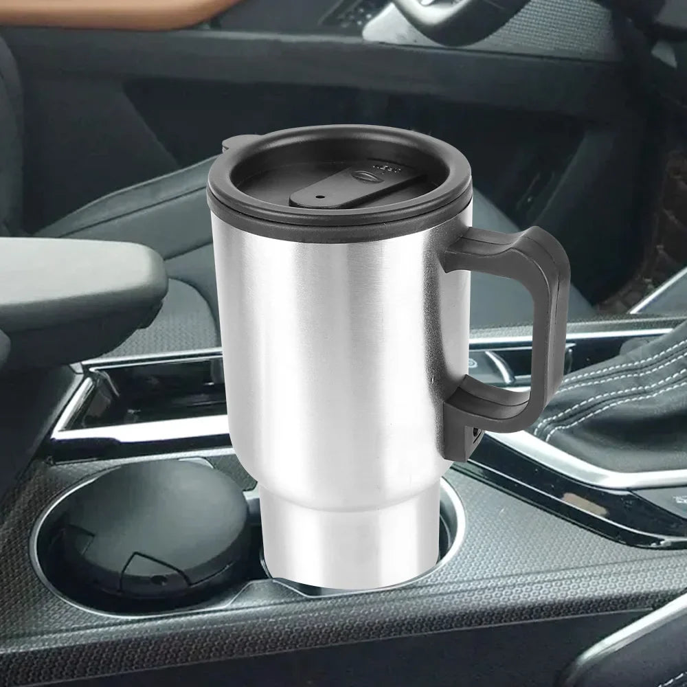 NNEOBA 12V Electric Heating Car Kettle 450mL Stainless Steel Thermal Mug Silver