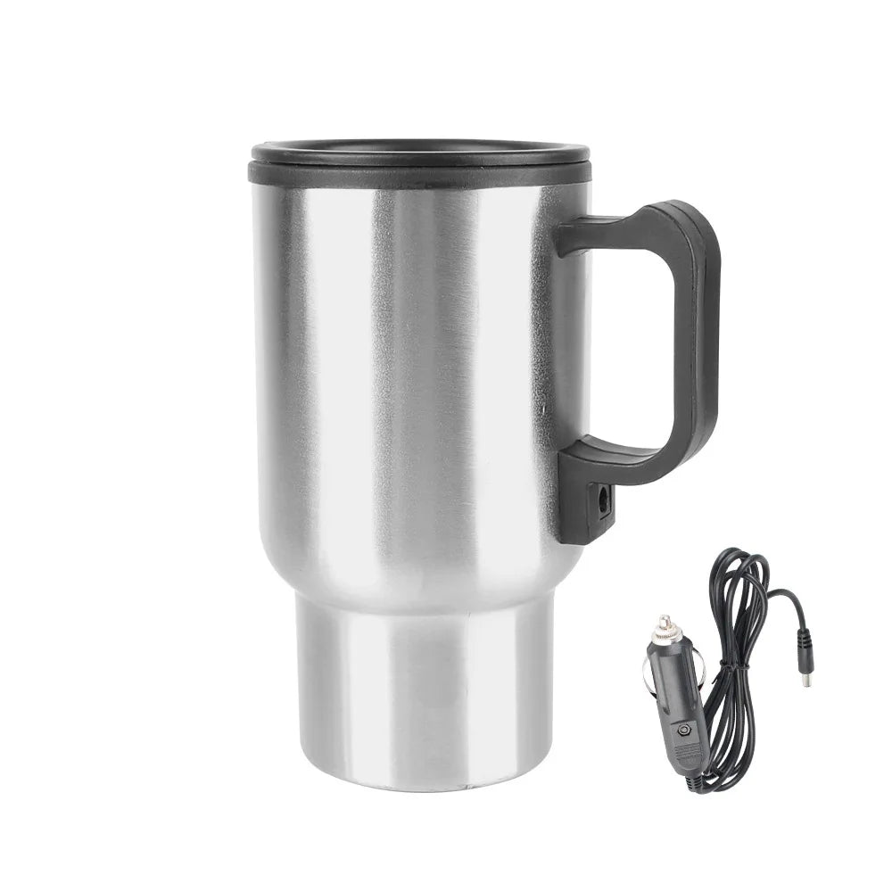 NNEOBA 12V Electric Heating Car Kettle 450mL Stainless Steel Thermal Mug Silver