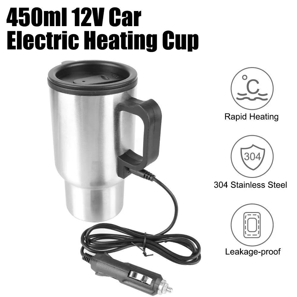 NNEOBA 12V Electric Heating Car Kettle 450mL Stainless Steel Thermal Mug Silver