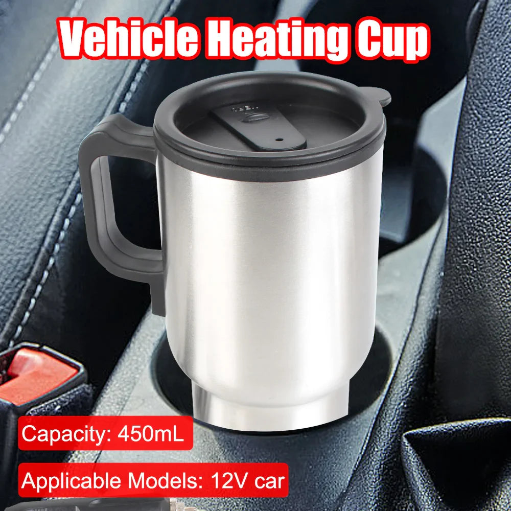 NNEOBA 12V Electric Heating Car Kettle 450mL Stainless Steel Thermal Mug Silver
