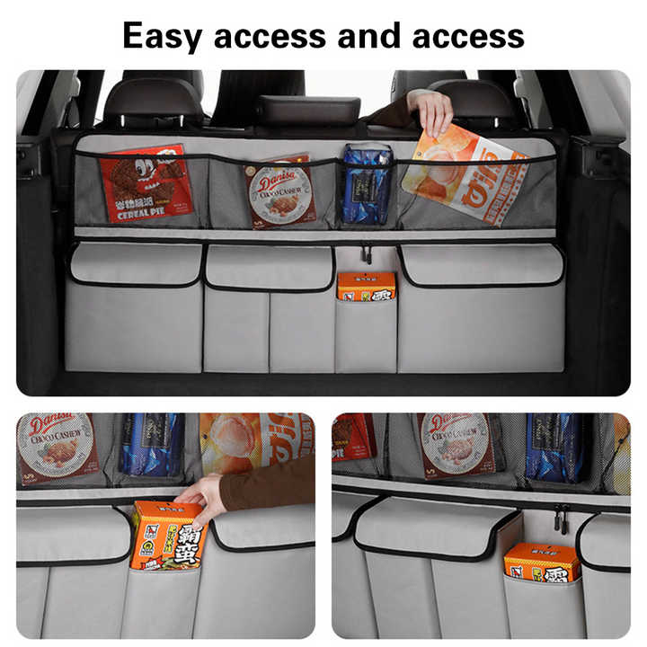 NNEDSZ Grey Car Trunk Storage Bag - Large Capacity Oxford Cloth Multi-Purpose Hanging Organizer with Mesh Pockets and Backseat Storage