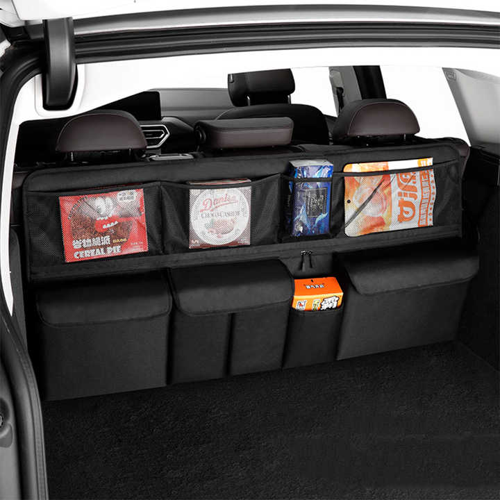 NNEDSZ Grey Car Trunk Storage Bag - Large Capacity Oxford Cloth Multi-Purpose Hanging Organizer with Mesh Pockets and Backseat Storage