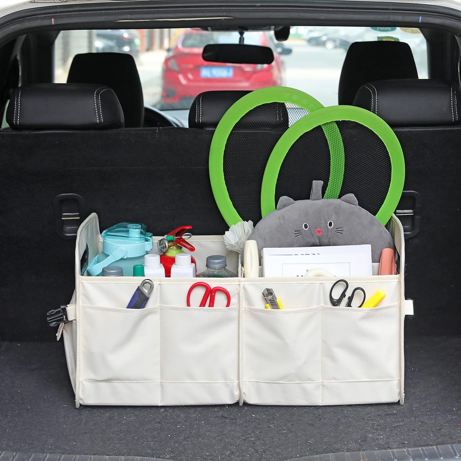 NNEDSZ Pink Foldable Car Storage Organizer Basket - 55x32x32cm with Handles, Easy to Fold